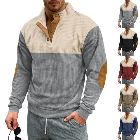 Men's Corduroy Contrast Color Stand Collar Long Sleeve Sweatshirt Casual Button Up Patchwork Pullover Top