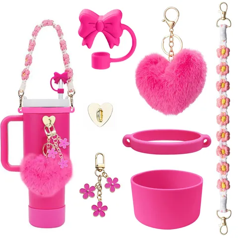 Tumbler Accessories Bow Straw Cover Handle Strap Silicone Boot Heart Pom Pom Pendant Water Bottle Charm