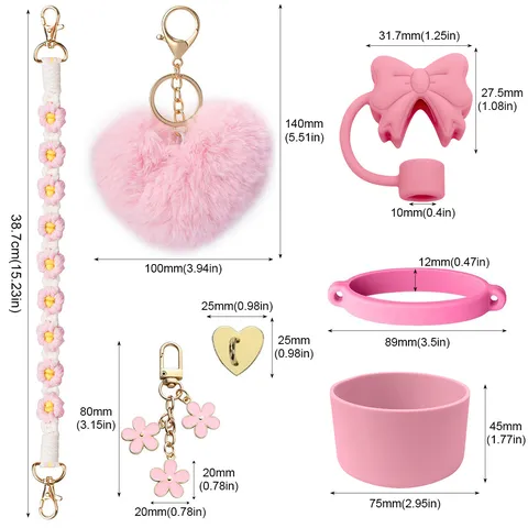 Tumbler Accessories Bow Straw Cover Handle Strap Silicone Boot Heart Pom Pom Pendant Water Bottle Charm