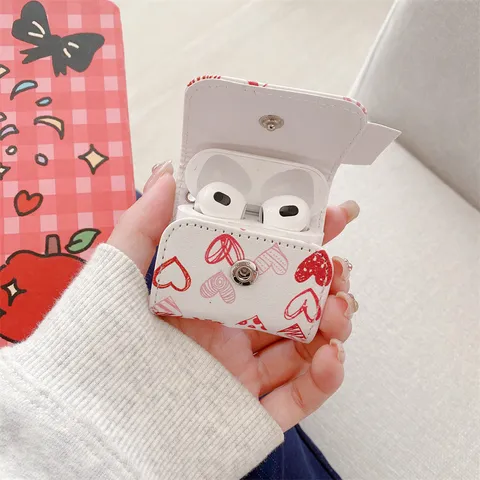 Faux Leather Sketch Heart Earphone Case For Apple AirPods 1 2 Pro Cute Cartoon Shockproof Wireless Headphone Cover