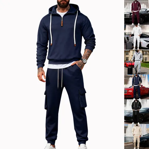 Men's Winter Heavyweight Fleece Lined Tracksuit Casual Half Zip Hoodie And Cargo Sweatpants Set Streetwear Activewear