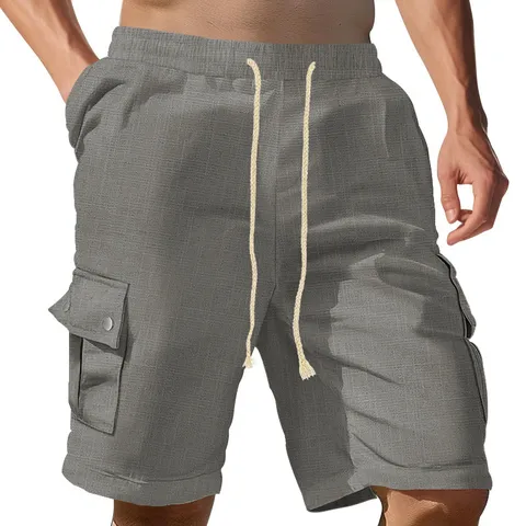Men's Casual Cotton Multi-Pocket Cargo Shorts Summer Slim Fit Drawstring Solid Color Knee Length Short Pants