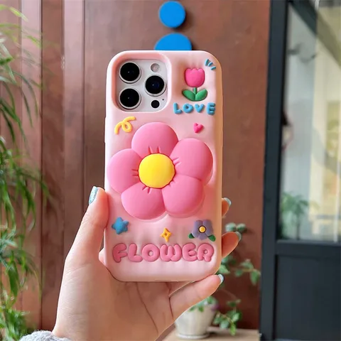 Silicone Cute Floral Phone Case With 3D Flower Stand And Relief Design Anti Drop Protective Back Cover For Smartphone