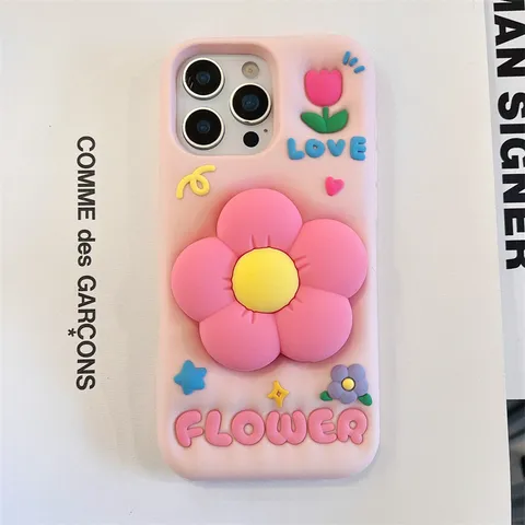 Silicone Cute Floral Phone Case With 3D Flower Stand And Relief Design Anti Drop Protective Back Cover For Smartphone