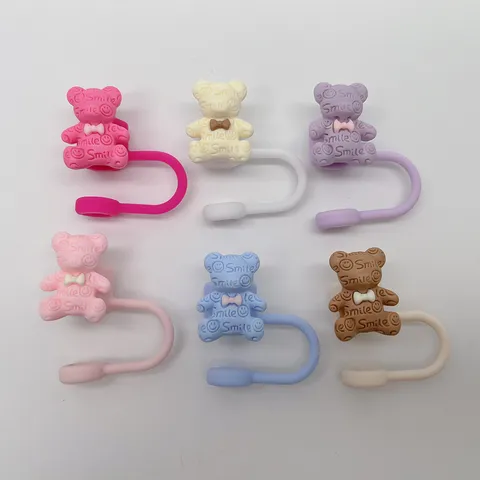 Cute Bowknot Bear Silicone Straw Cover Dustproof Smiley Straw Cap For Large Straws Reusable Cup Accessories