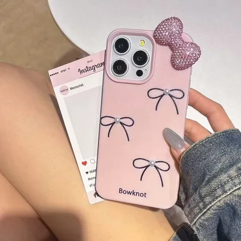 Solid Color Pearl Rhinestone Bowknot Silicone Phone Case For iPhone 15 16 Pro Max Plus Sweet Girls Protective Cover