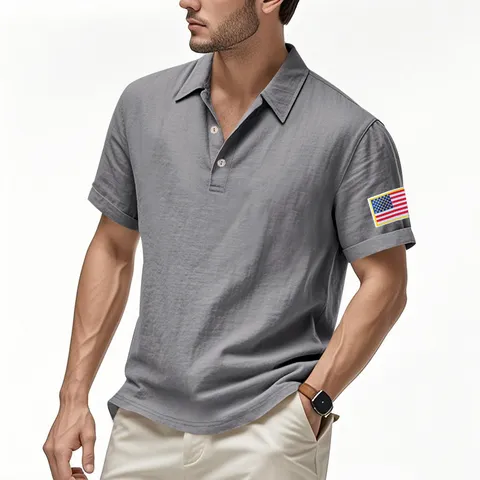 Men's Casual Linen Blend Short Sleeve Polo Shirt With US Flag Embroidery Breathable American Style Lapel Neck Top For Summer