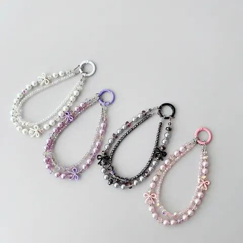 Crystal Bow Pearl Phone Lanyard Double Chain Cute Shiny Beaded Mobile Phone Strap Charm Accessories for Women
