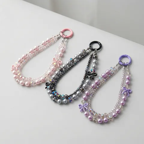 Crystal Bow Pearl Phone Lanyard Double Chain Cute Shiny Beaded Mobile Phone Strap Charm Accessories for Women