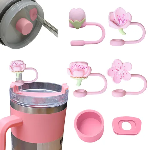Silicone Peach Blossom Straw Cover And Spill Proof Stopper Set Dustproof Straw Cap For Drinking Cups Accessories