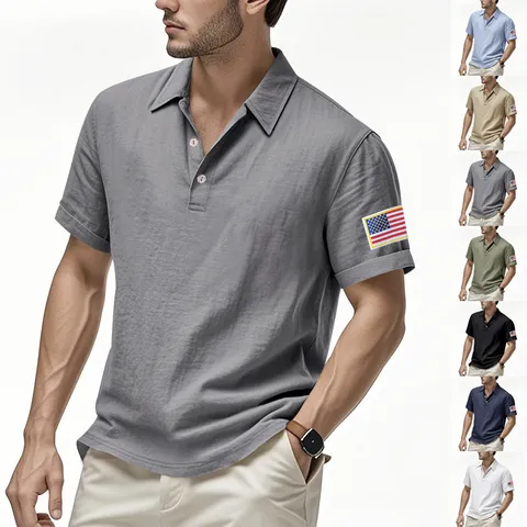 Men's American Casual Linen Blend Polo Shirt Embroidered Independence Day US Flag Short Sleeve Breathable Loose Polo Top