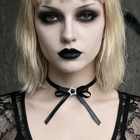 Gothic Black PU Leather Choker Necklace Bowknot Rhinestone Heart Star Pendant Adjustable Neckband For Women Dark Aesthetic Jewelry