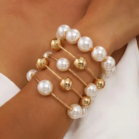 Minimalista Lega Perla Artificiale Catena Stratificato Braccialetto Set Oro Geometrico Tonde Perle Impilati Braccialetti di Perline per Donne Dolce Gioielli Regalo