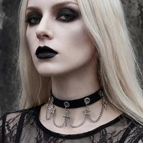 Πανκ Γοτθικό Δερμάτινο Choker Κολιέ για Γυναίκες Σκοτεινό Στυλ Μεταλλικό Σταυρό Αστέρι Μενταγιόν Φούντα Πριτσίνι Αξεσουάρ