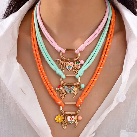 Ozean Stil Geflochtenes Seil Halskette Für Damen Sommer Strand Urlaub Zinklegierung Emaille Blume Schmetterling Herz Blatt Schmuck