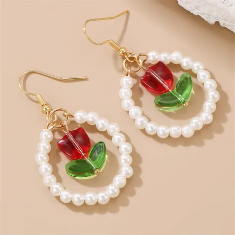Pendientes de Gota de Tulipán y Perlas de Estilo Occidental Vintage Lazo Romántico Francés Pendientes de Gancho Flor Mujer