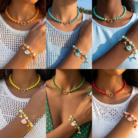 Zinklegierung Ozean Stil Seestern Muschel Bunte Perlen Kette Armband Set Damen Strand Urlaub Schmuck Choker