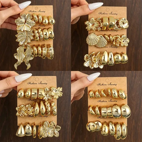 Vintage Mode Gold Metall Ohrstecker Set Unregelmäßige Blume C-Förmige Statement Schmuck Geschenk Packung Für Frauen