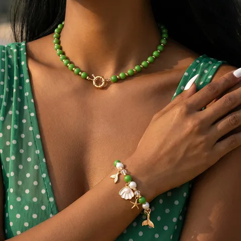 Zinklegierung Ozean Stil Seestern Muschel Bunte Perlen Kette Armband Set Damen Strand Urlaub Schmuck Choker