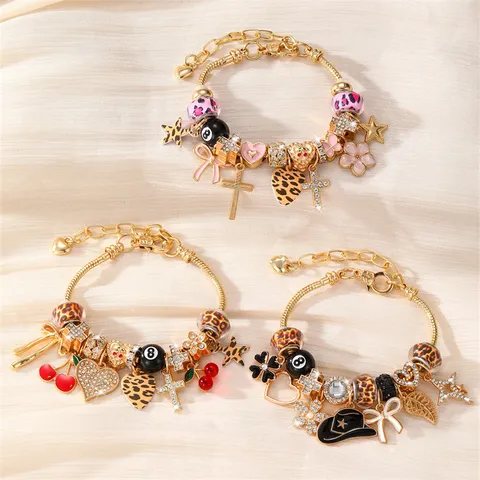 Mode DIY Charm Armband Für Damen Legierung Vergoldet Leopardenmuster Glasperle Herz Kreuz 8-Ball Anhänger Schmuck Geschenk