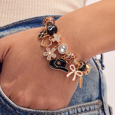 Mode DIY Charm Armband Für Damen Legierung Vergoldet Leopardenmuster Glasperle Herz Kreuz 8-Ball Anhänger Schmuck Geschenk
