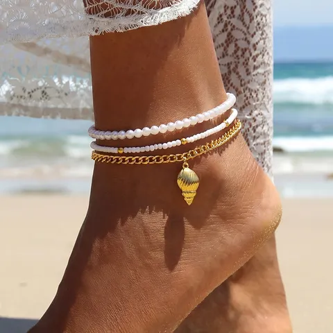 Boho Legierung Muschel Künstliche Perle Fußkettchen Set Für Damen Sommer Strandurlaub Seestern Herz Anhänger Fußkette Schmuck