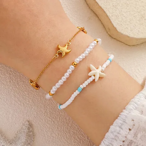 Böhmisch Strand Meeresschildkröte Muschel Seestern Anhänger Perlenarmband Geschichtet Gold Legierung Künstliche Perle Armband Urlaub Schmuck Für Damen