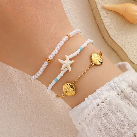 Böhmisch Strand Meeresschildkröte Muschel Seestern Anhänger Perlenarmband Geschichtet Gold Legierung Künstliche Perle Armband Urlaub Schmuck Für Damen