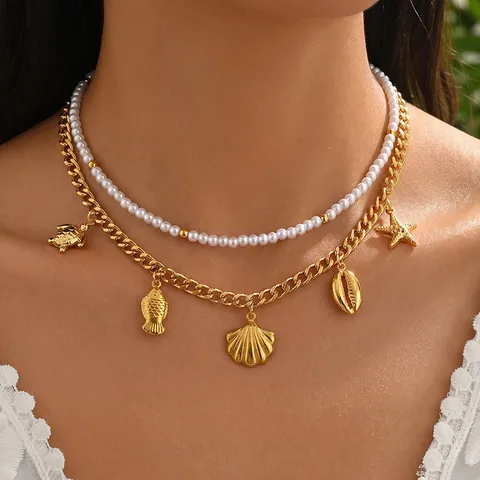 Damen Edelstahl Künstliche Perle Seestern Muschel Anhänger Halskette Mehrlagig Mode Strand Schmuck Halskette Geschenk