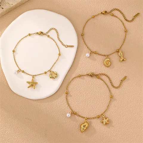 Fashion Stainless Steel Summer Beach Anklets For Women Gold Shell Starfish Artificial Pearl Charms Ankle Bracelet Jewelry Gift