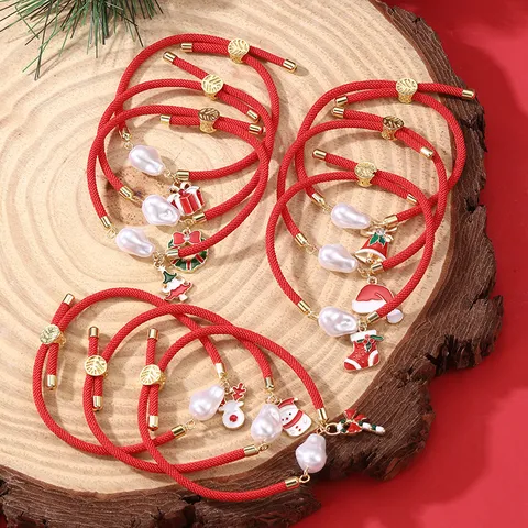Rotes Geflochtenes Seil Weihnachten Verstellbares Armband Für Damen Legierung Künstliche Perle Schneemann Weihnachtsbaum Schmuck Geschenk