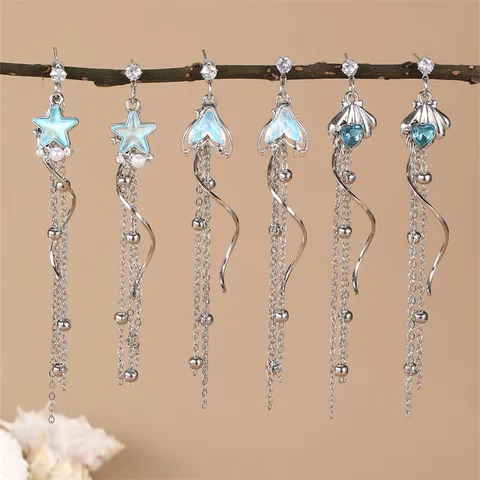 Orecchini a Bottone con Nappa a Stella e Coda di Pesce da Donna Gioielli in Lega Strass Perla Artificiale con Catena Lunga