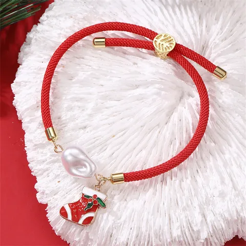 Rotes Geflochtenes Seil Weihnachten Verstellbares Armband Für Damen Legierung Künstliche Perle Schneemann Weihnachtsbaum Schmuck Geschenk