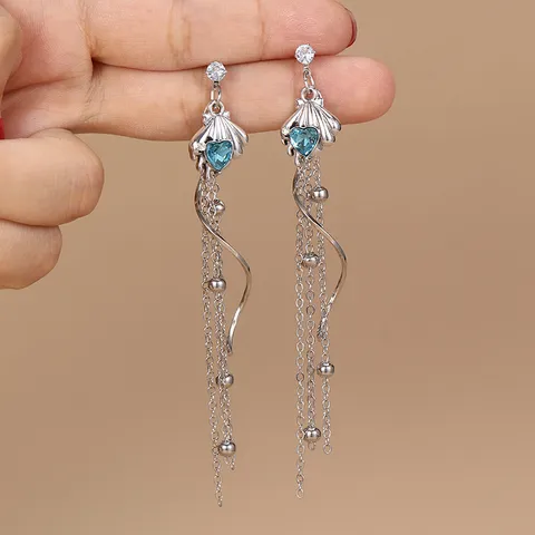 Orecchini a Bottone con Nappa a Stella e Coda di Pesce da Donna Gioielli in Lega Strass Perla Artificiale con Catena Lunga