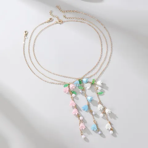 Elegante Collana Con Ciondolo A Forma Di Mughetto In Lega E Resina Catena Lunga A Forma Di Y Con Perla Artificiale Da Donna
