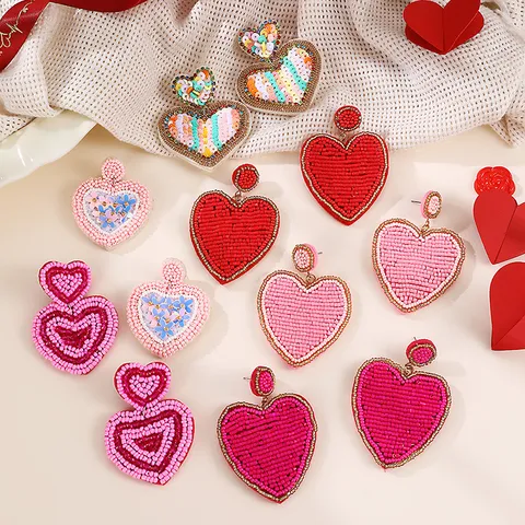 Orecchini Pendenti a Doppio Cuore in Perline di Semi San Valentino Rosa Rosso Paillettes Strass Lega Cuore Orecchini per Donna Gioielli da Festa