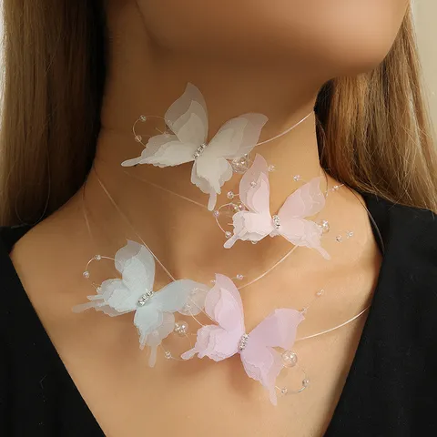 Collana a Farfalla Fata Dolce in Chiffon con Perle Lega di Zinco Strass Catena Invisibile Collana Girocollo per Donna Gioielli
