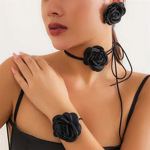 Handmade Burnt Edge Rose Camellia Choker Wrist Flower Set For Women Bridesmaid Gift Fabric Flower Necklace Bracelet Set