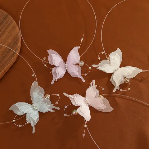 Collana a Farfalla Fata Dolce in Chiffon con Perle Lega di Zinco Strass Catena Invisibile Collana Girocollo per Donna Gioielli
