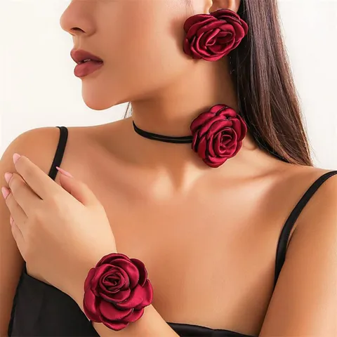 Handmade Burnt Edge Rose Camellia Choker Wrist Flower Set For Women Bridesmaid Gift Fabric Flower Necklace Bracelet Set