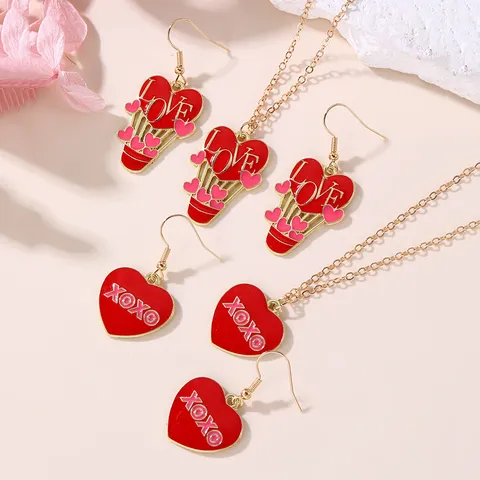 Punk Zinc Alloy Enamel Valentine Day Heart Pendant Necklace Stud Earrings Set Pink Red Hot Air Balloon Artificial Pearl Drop Jewelry Set For Women Gift
