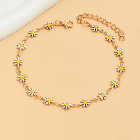 Bohemian Alloy Drip Oil Daisy Anklet For Women Gold Adjustable Small Flower Bead Beach Vacation Ankle Bracelet Jewelry Gift