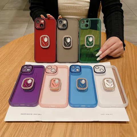 Silicone Phone Case With Pearl Flower Stand Electroplated Full Coverage Drop Protection Protective Phone Cover