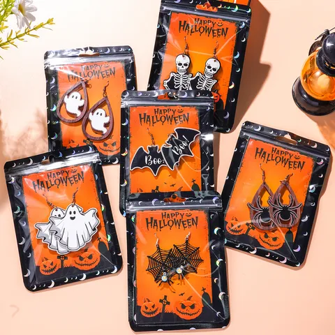 Halloween Theme Wood Iron Alloy Drop Earrings Funny Cartoon Ghost Bat Pumpkin Rhinestone Earrings For Women Party Jewelry Gift