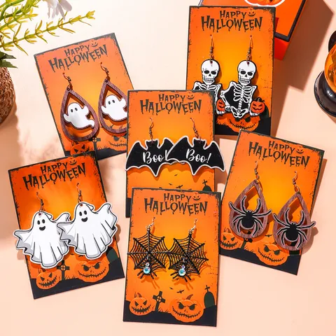 Halloween Theme Wood Iron Alloy Drop Earrings Funny Cartoon Ghost Bat Pumpkin Rhinestone Earrings For Women Party Jewelry Gift