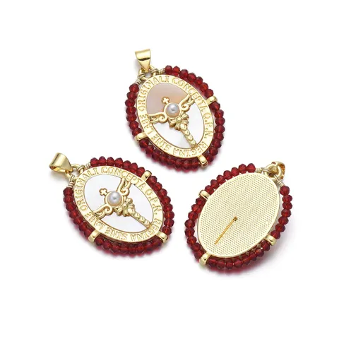 Vintage 18K Verguld Koper Oval Portret Kruis Hanger Zonder Ketting Handgeweven Kunstparel Religieuze Medaillon Sieraden Maken Benodigdheden