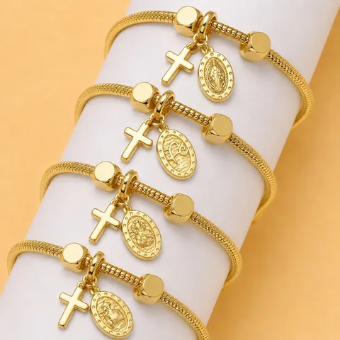 Koper Goud Vergulde Slangenketting Armband Voor Dames Met Strass Religieus Portret Kruis Hart Hanger Sieraden
