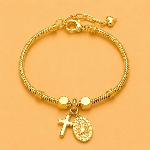 Koper Goud Vergulde Slangenketting Armband Voor Dames Met Strass Religieus Portret Kruis Hart Hanger Sieraden