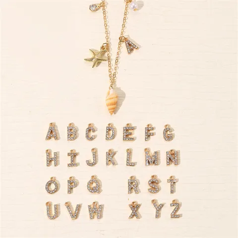 Böhmische Ozean Muschel Seestern Künstliche Perle 26 Anfangsbuchstabe Anhänger Halskette Für Damen Legierung Strass Goldkette Halskette