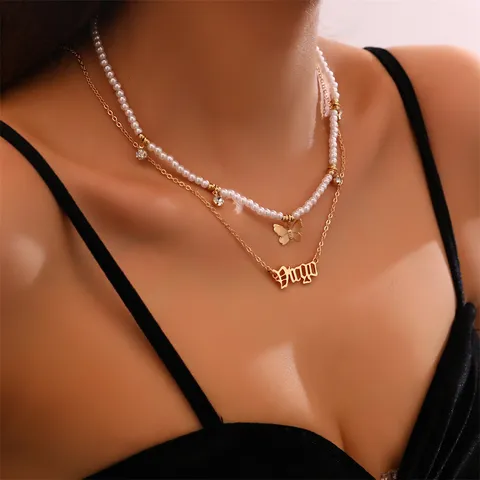 12 Sternzeichen Anhänger Halskette Doppellagig Goldfarben Legierung Schmetterling Künstliche Perle Strass Schmuck Für Damen